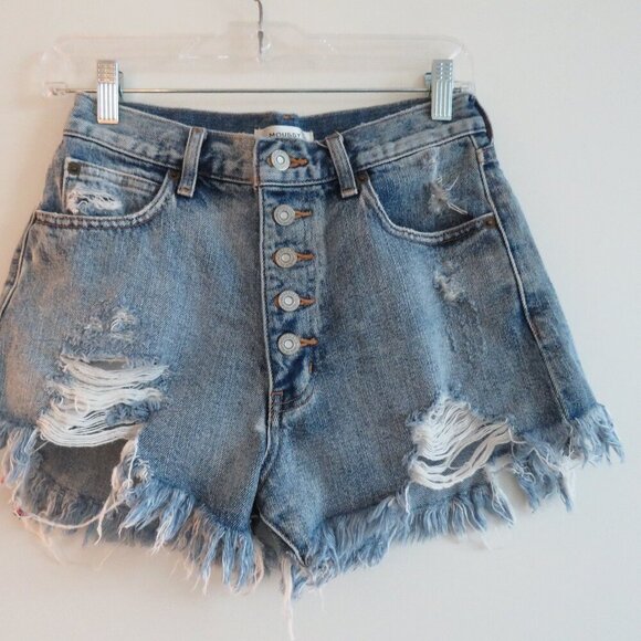 MOUSSY VINTAGE Exposed Button Fly Distressed Raw Hem Jean Shorts - Picture 2 of 15